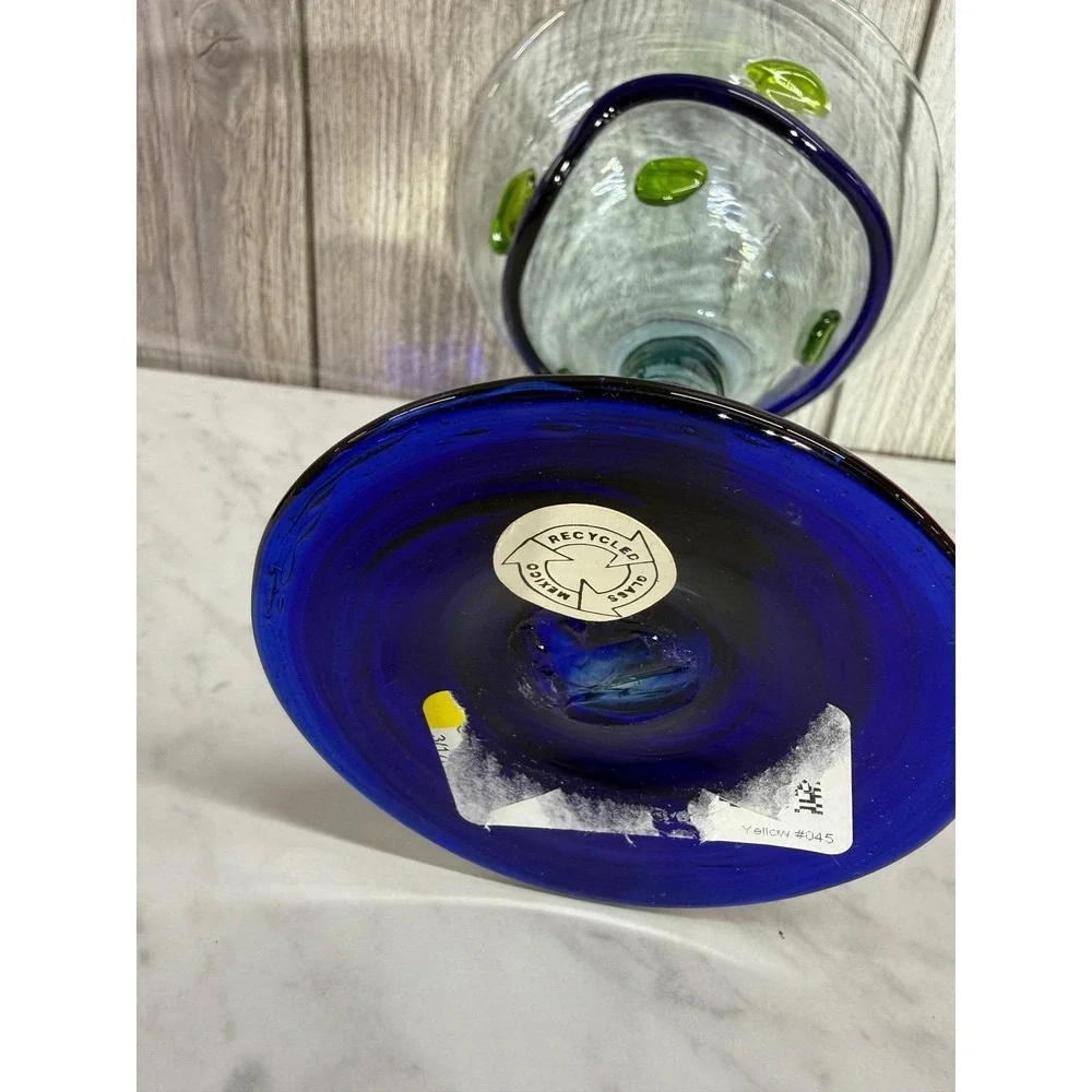 Hand Blown Recycled Glass Margarita Glass Cobalt Blue Spiral Green Dots Mexico